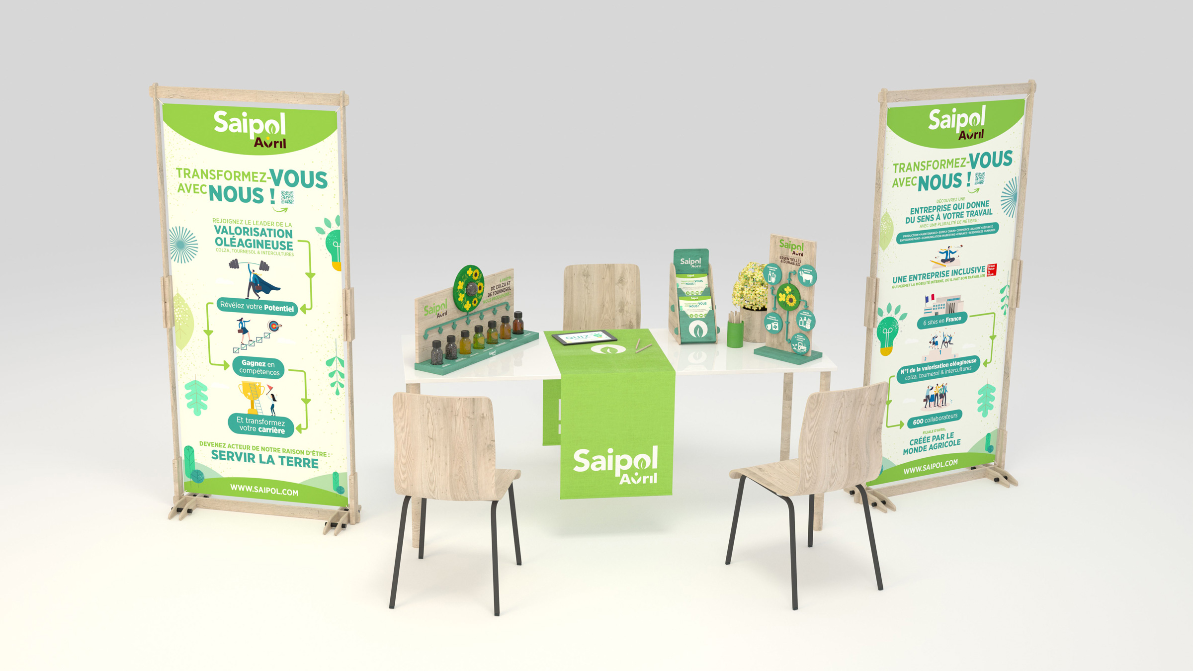 Stand modulable réalisé par l'agence Bee Happy pour Saipol, totalement éco-conçu, facile à transporter et à installer, pour animer les prises de parole RH de la marque.